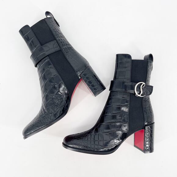 NWOB Christian Louboutin CL Chelsea Booty Black Croc Embossed Ankle Boots EU 37 - Picture 4 of 11